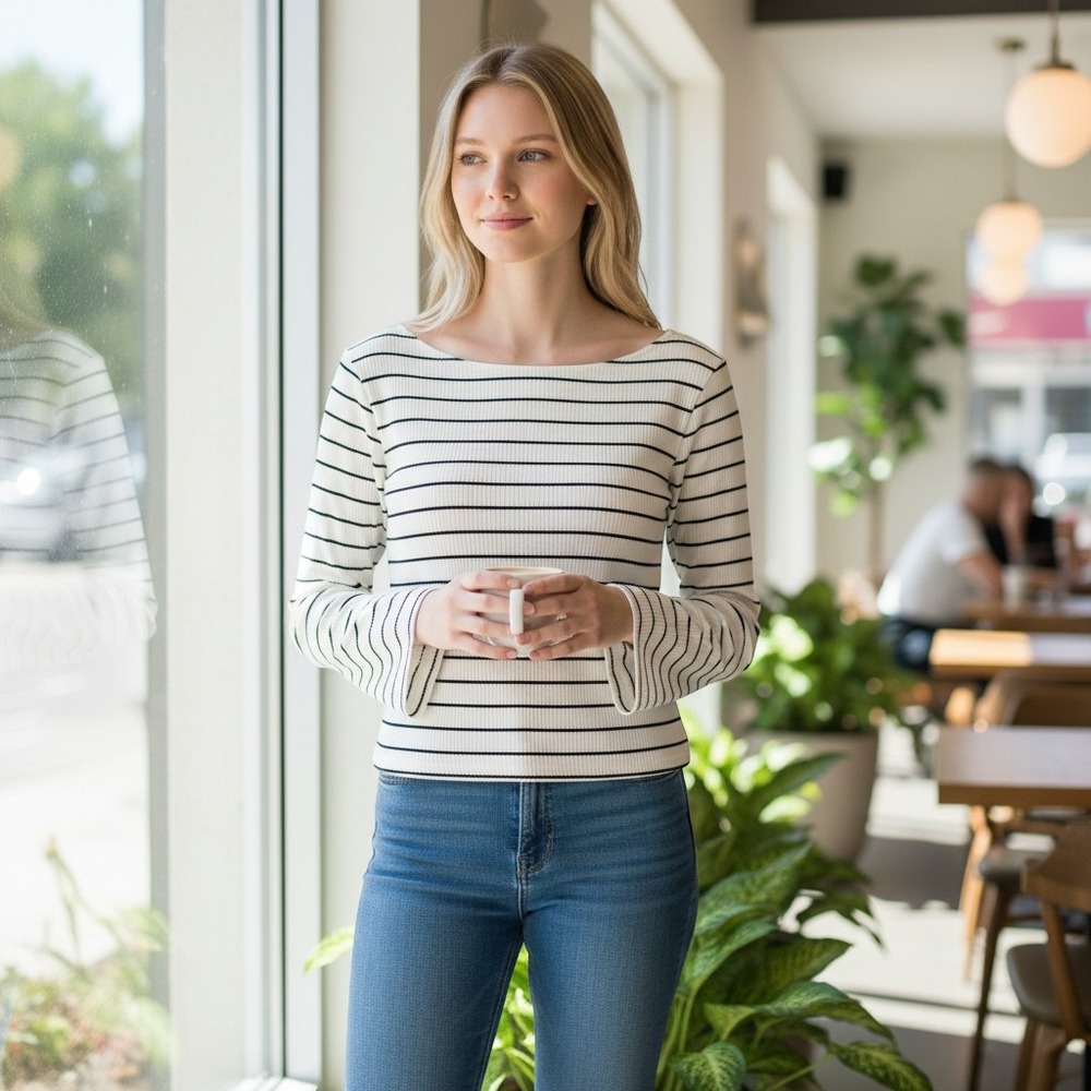 Madewell Womens White Black Striped Ribbed Long Sleeve Crew‎ Neck Tee NT681 M